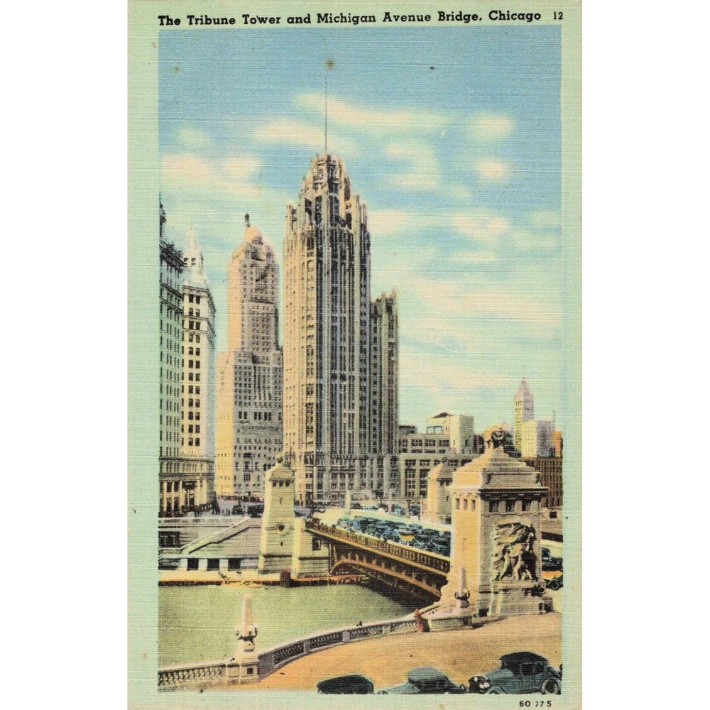 Vintage Tribune Tower and Michigan Avenue Bridge Chicago Linen Postcard VG - Picture 1 of 2